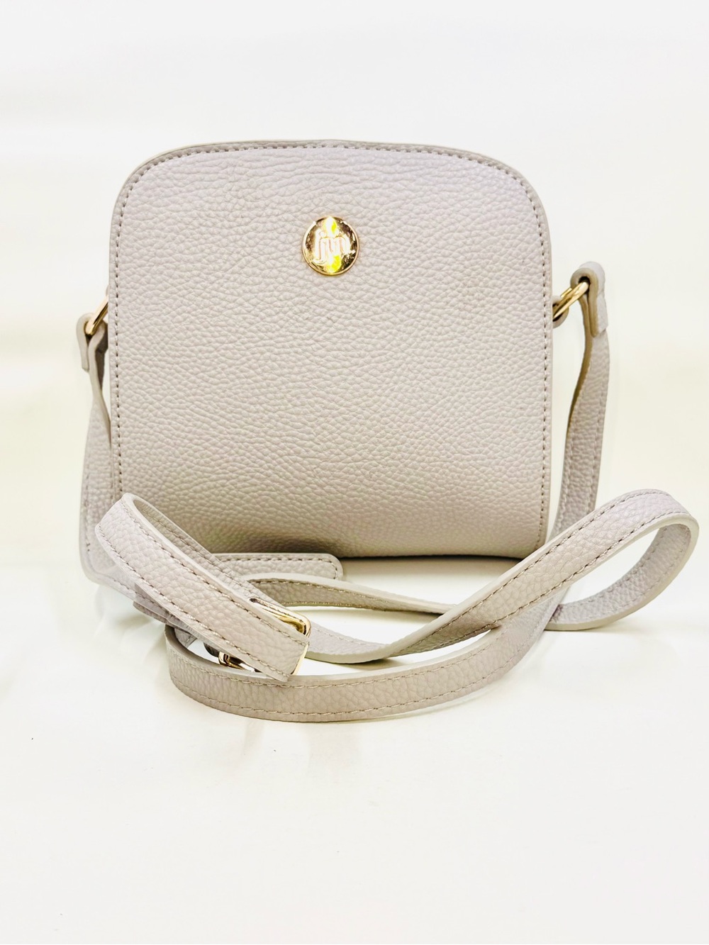 JM Light Gray Faux Pebbled Leather Crossbody Bag with Gold Hardware
